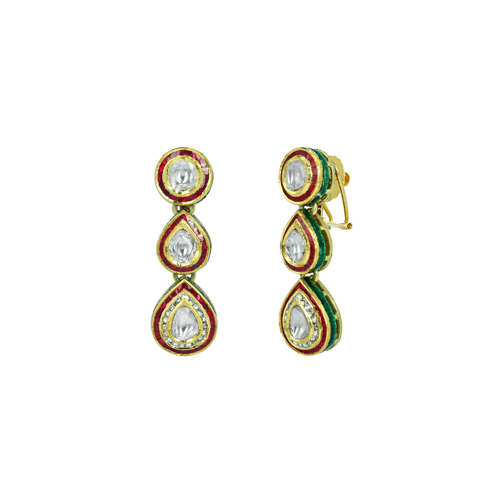 Polki Earrings with Red Stones, Green Enamel, and Teardrops